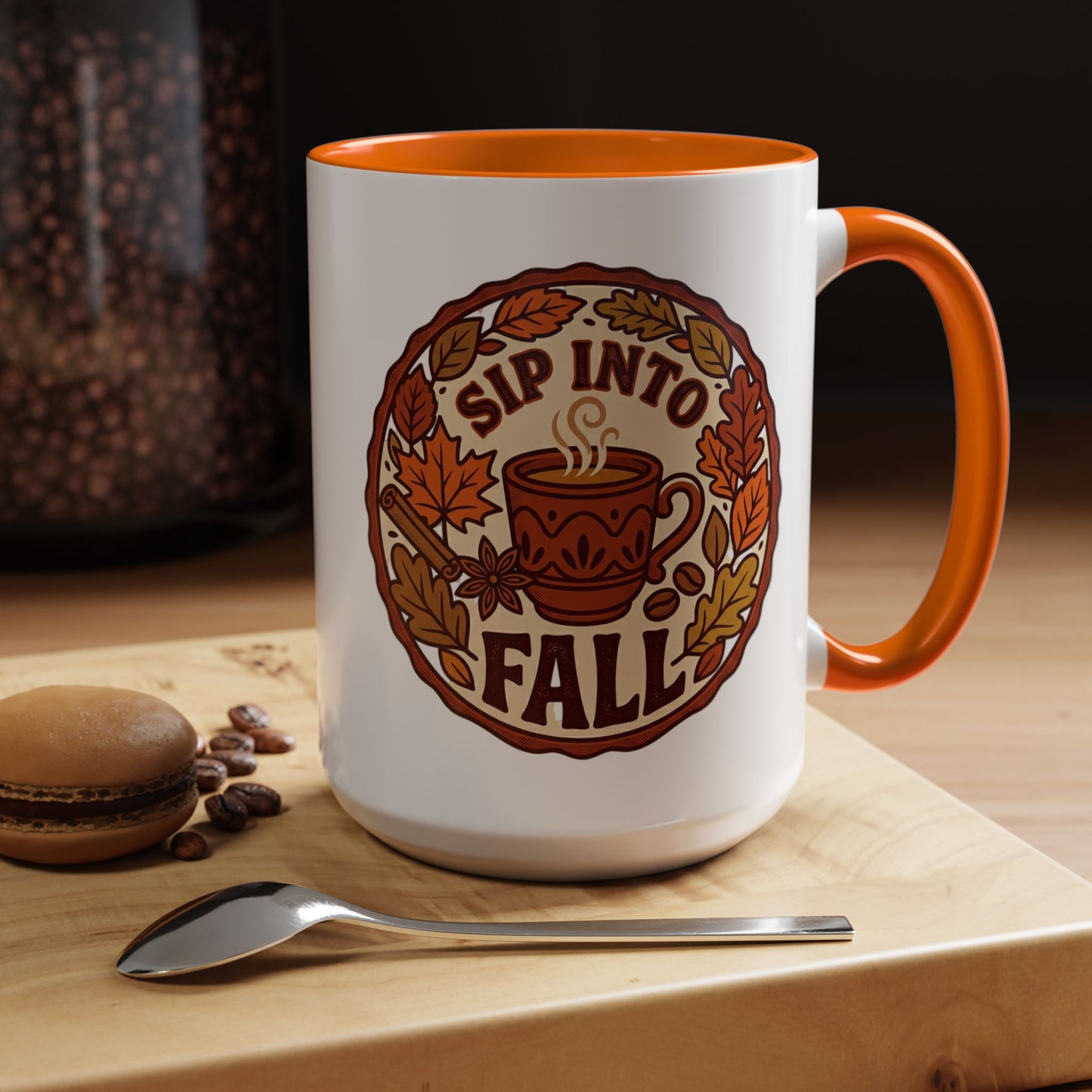 Sip Into Fall Accent Coffee Mug — Autumn Leaves & Hot Cup Design (11/15oz)