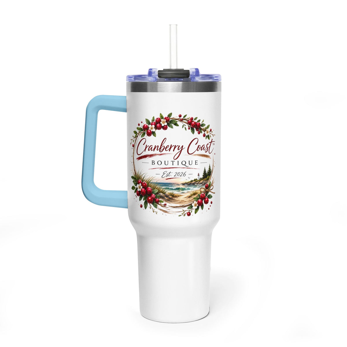 Cranberry Coast 40oz Vacuum Tumbler — Insulated Travel Mug with Handle and Straw