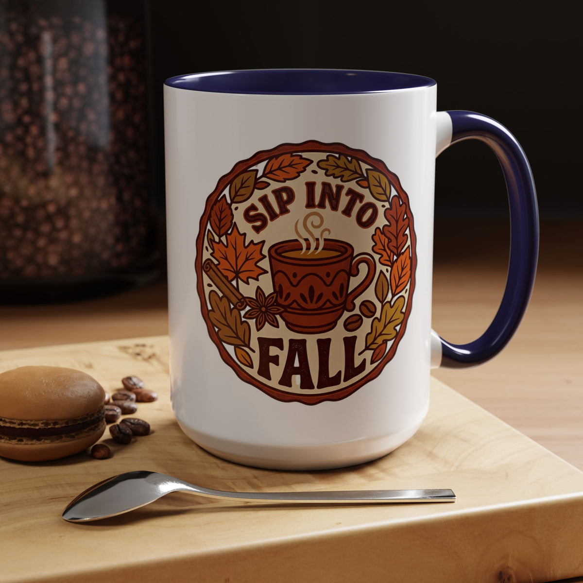 Sip Into Fall Accent Coffee Mug — Autumn Leaves & Hot Cup Design (11/15oz)