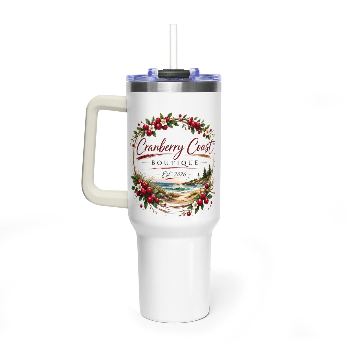 Cranberry Coast 40oz Vacuum Tumbler — Insulated Travel Mug with Handle and Straw