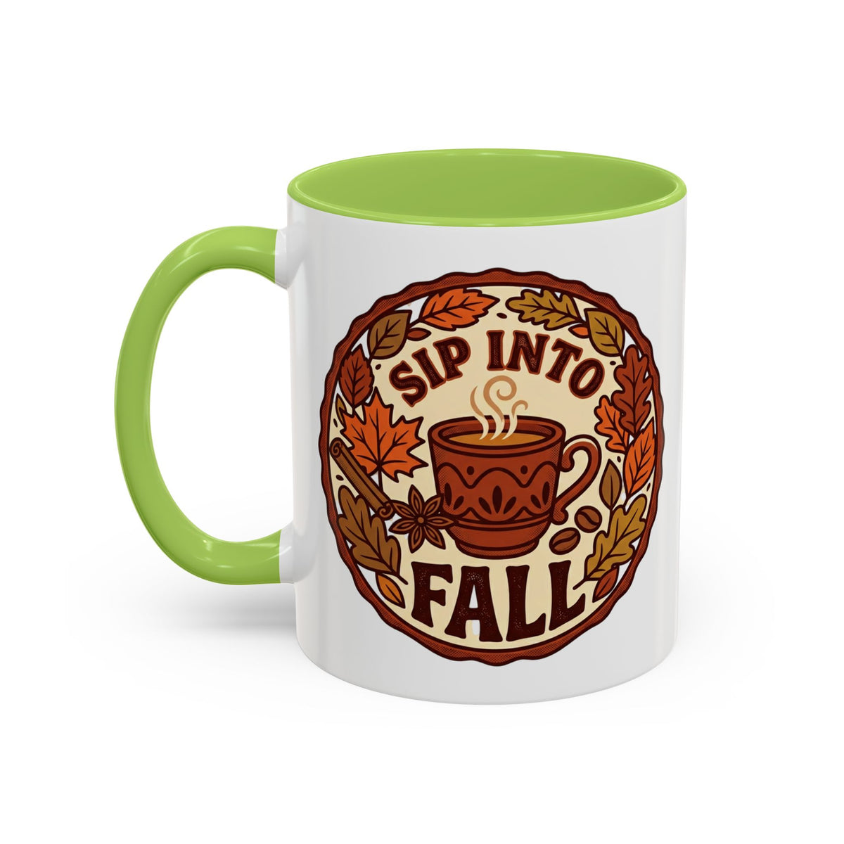 Sip Into Fall Accent Coffee Mug — Autumn Leaves & Hot Cup Design (11/15oz)