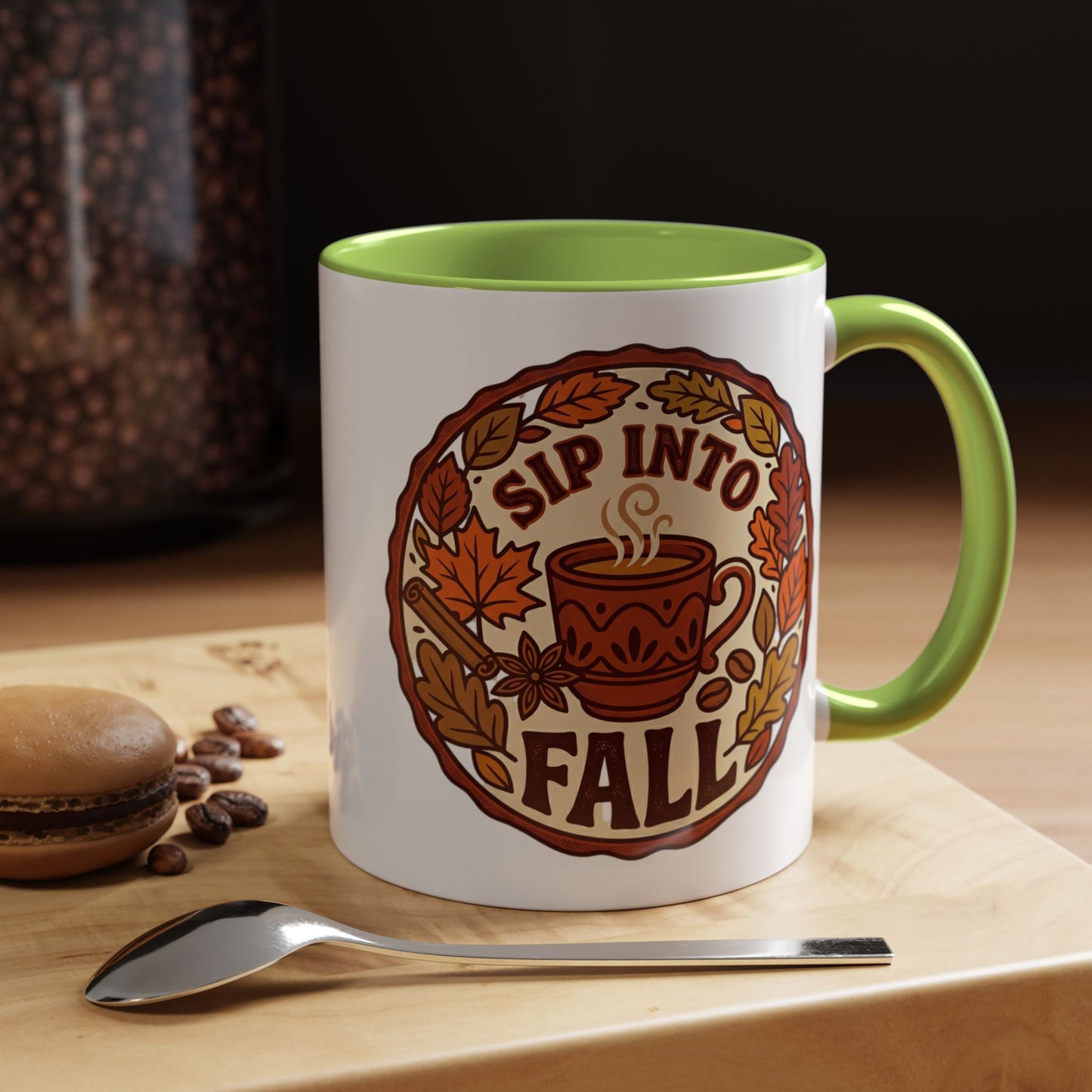Sip Into Fall Accent Coffee Mug — Autumn Leaves & Hot Cup Design (11/15oz)