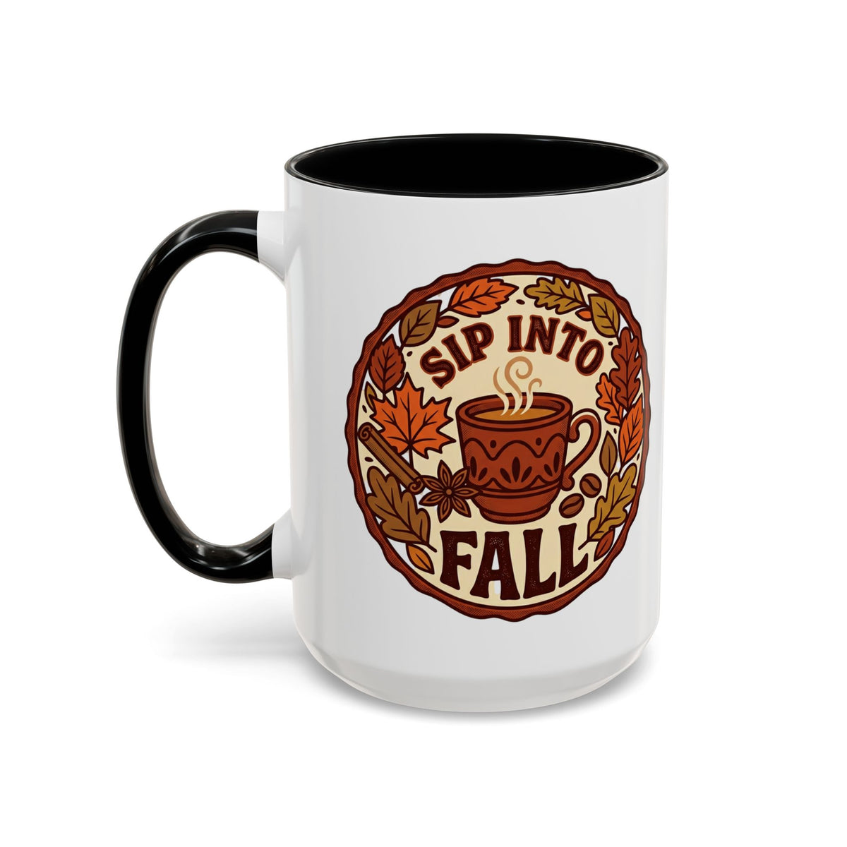 Sip Into Fall Accent Coffee Mug — Autumn Leaves & Hot Cup Design (11/15oz)