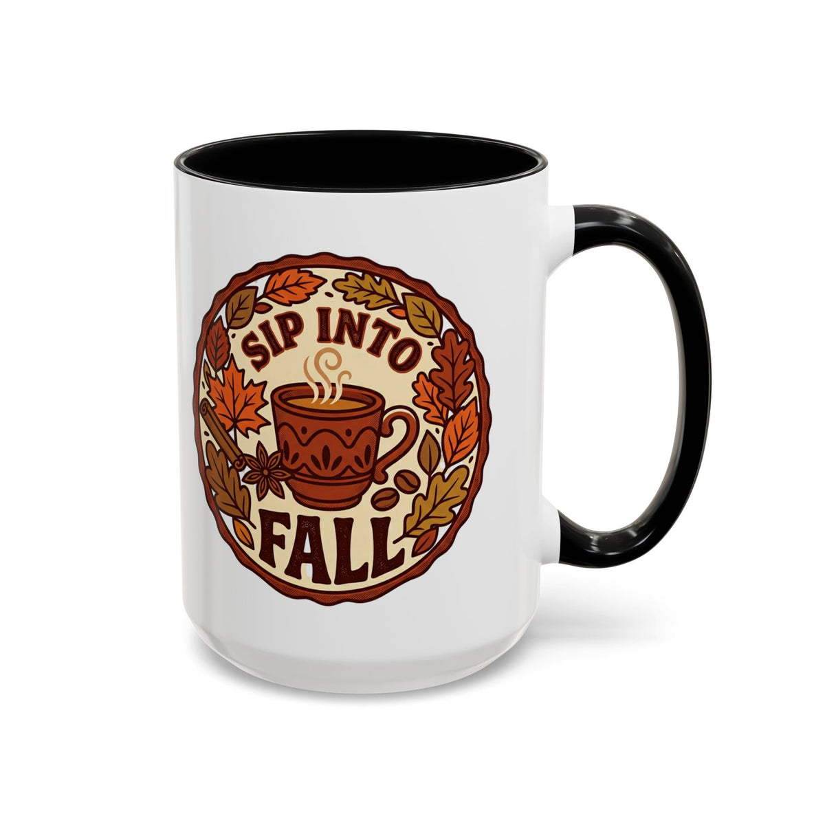Sip Into Fall Accent Coffee Mug — Autumn Leaves & Hot Cup Design (11/15oz)
