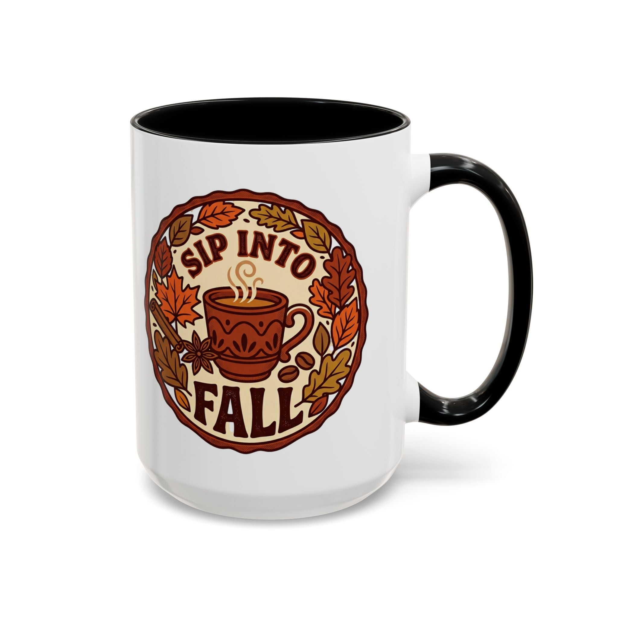 Sip Into Fall Accent Coffee Mug — Autumn Leaves & Hot Cup Design (11/15oz)