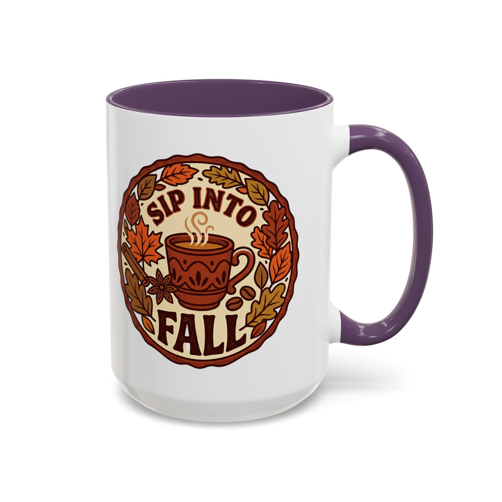 Sip Into Fall Accent Coffee Mug — Autumn Leaves & Hot Cup Design (11/15oz)