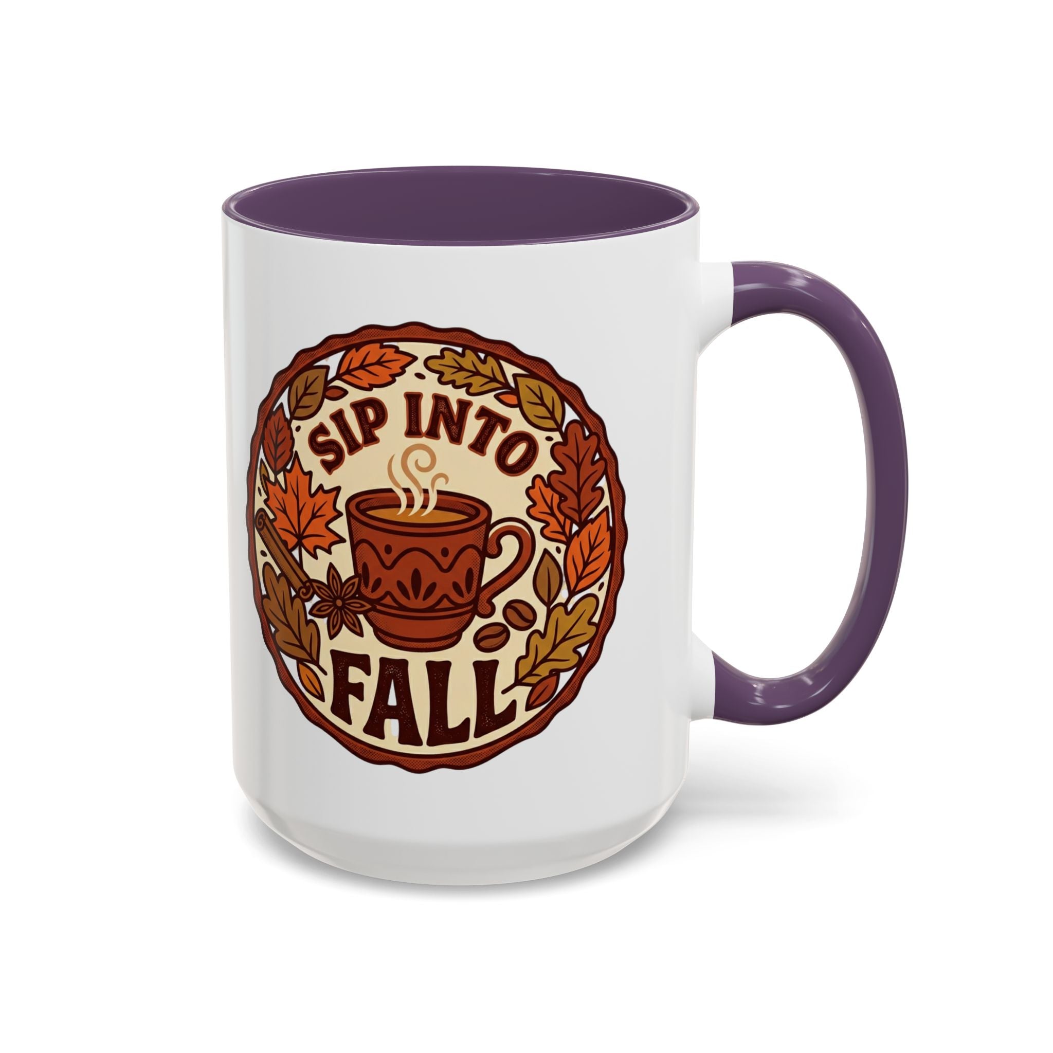 Sip Into Fall Accent Coffee Mug — Autumn Leaves & Hot Cup Design (11/15oz)
