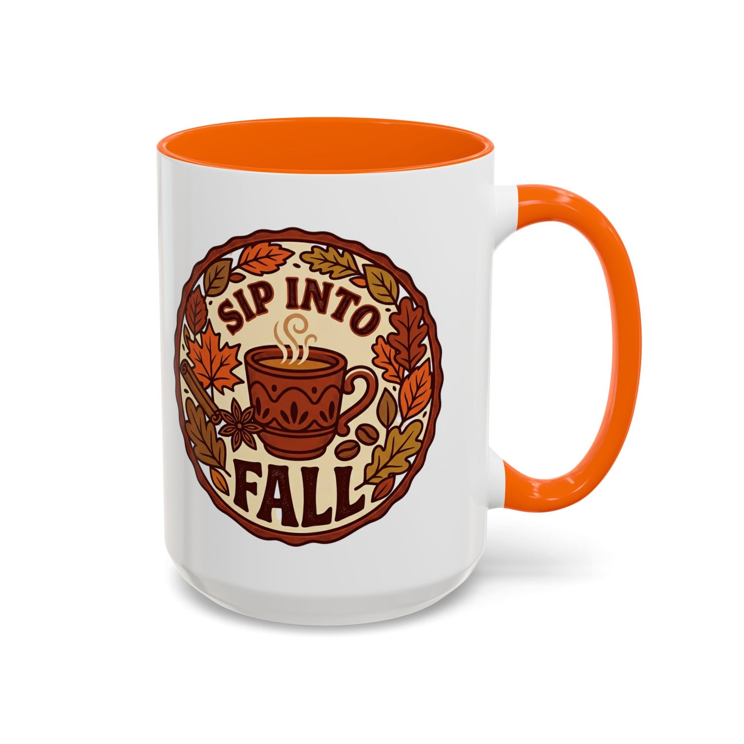 Sip Into Fall Accent Coffee Mug — Autumn Leaves & Hot Cup Design (11/15oz)