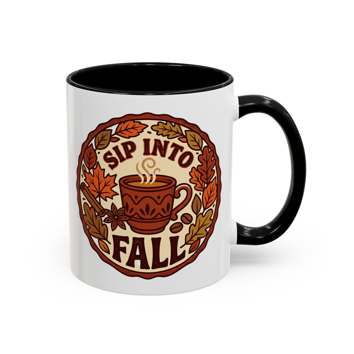 Sip Into Fall Accent Coffee Mug — Autumn Leaves & Hot Cup Design (11/15oz)