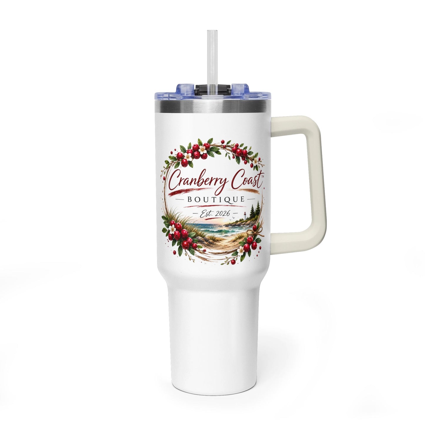 Cranberry Coast 40oz Vacuum Tumbler — Insulated Travel Mug with Handle and Straw