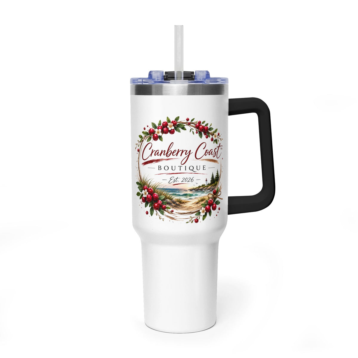 Cranberry Coast 40oz Vacuum Tumbler — Insulated Travel Mug with Handle and Straw