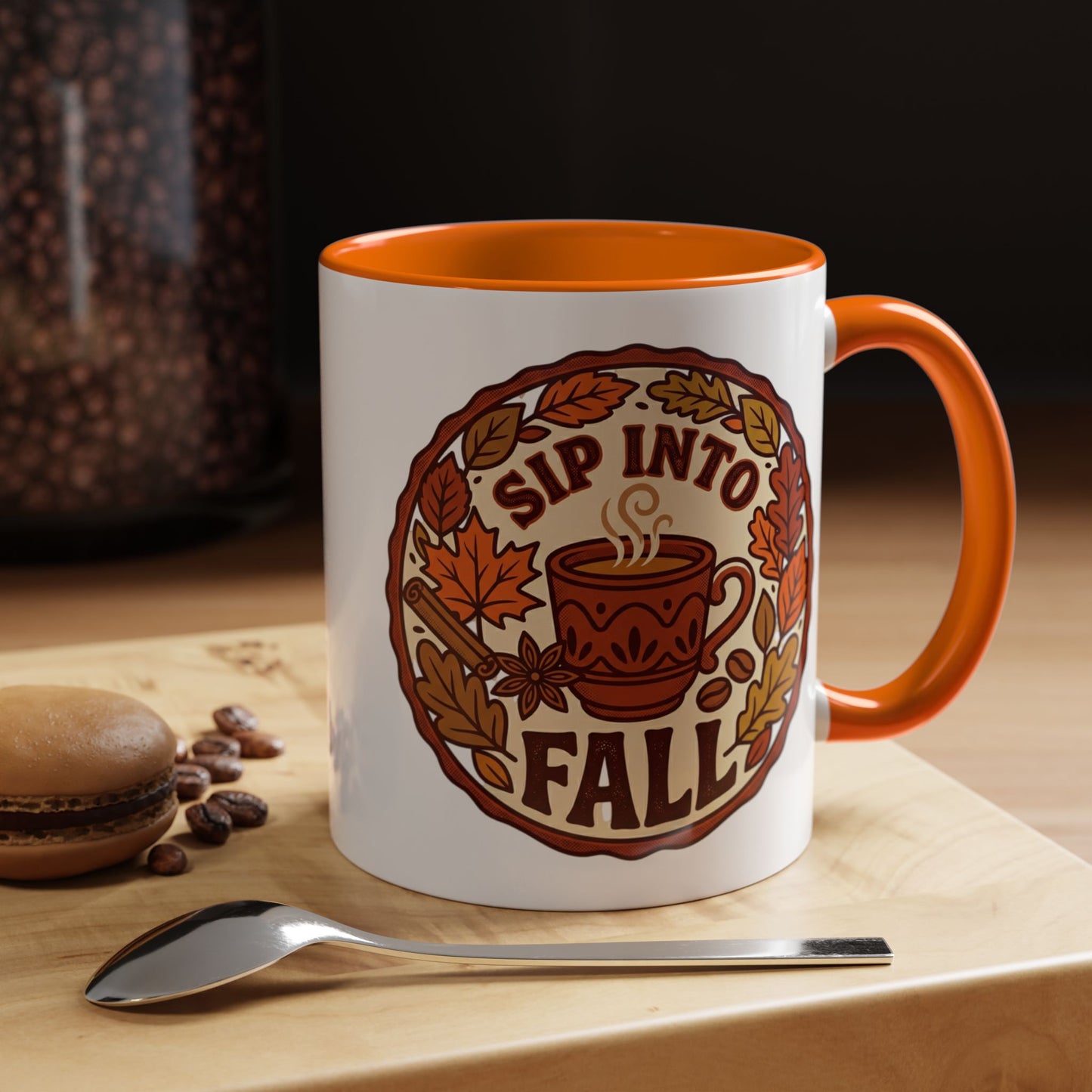 Sip Into Fall Accent Coffee Mug — Autumn Leaves & Hot Cup Design (11/15oz)