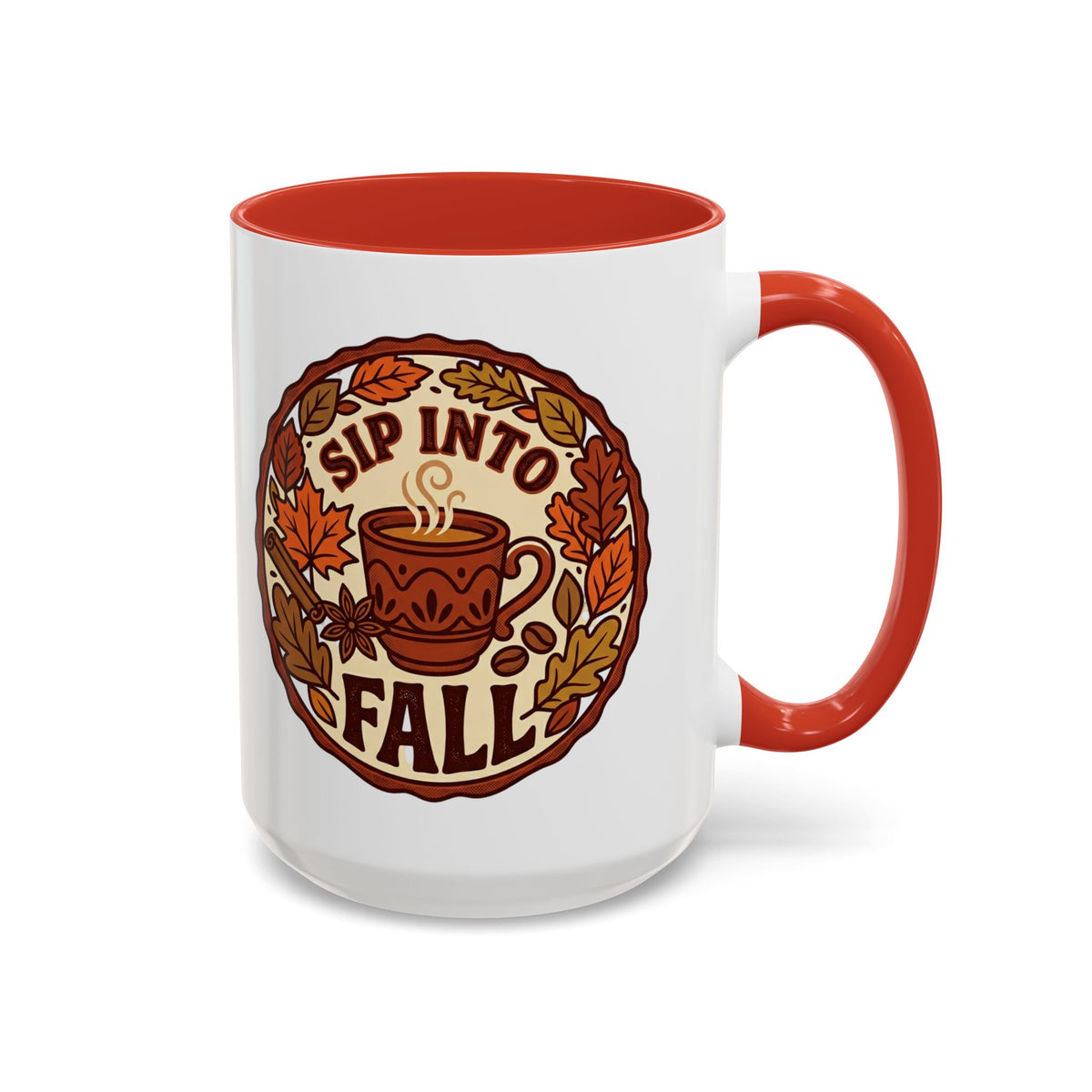 Sip Into Fall Accent Coffee Mug — Autumn Leaves & Hot Cup Design (11/15oz)