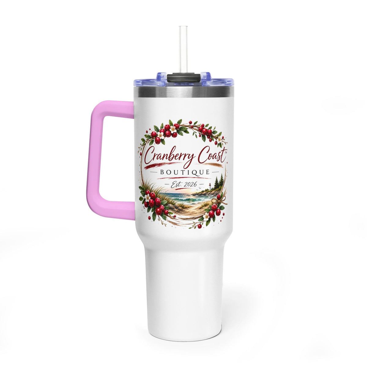 Cranberry Coast 40oz Vacuum Tumbler — Insulated Travel Mug with Handle and Straw