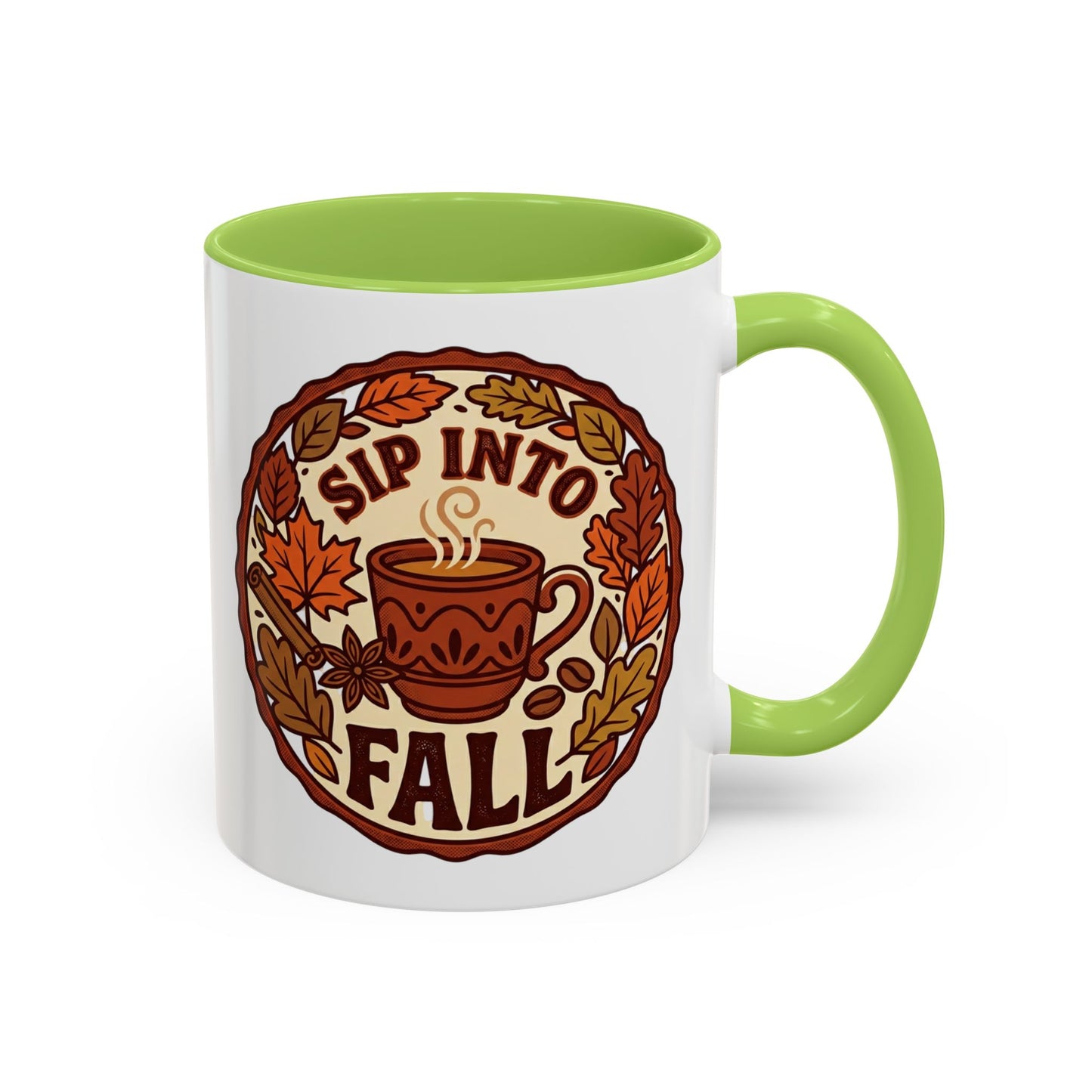 Sip Into Fall Accent Coffee Mug — Autumn Leaves & Hot Cup Design (11/15oz)
