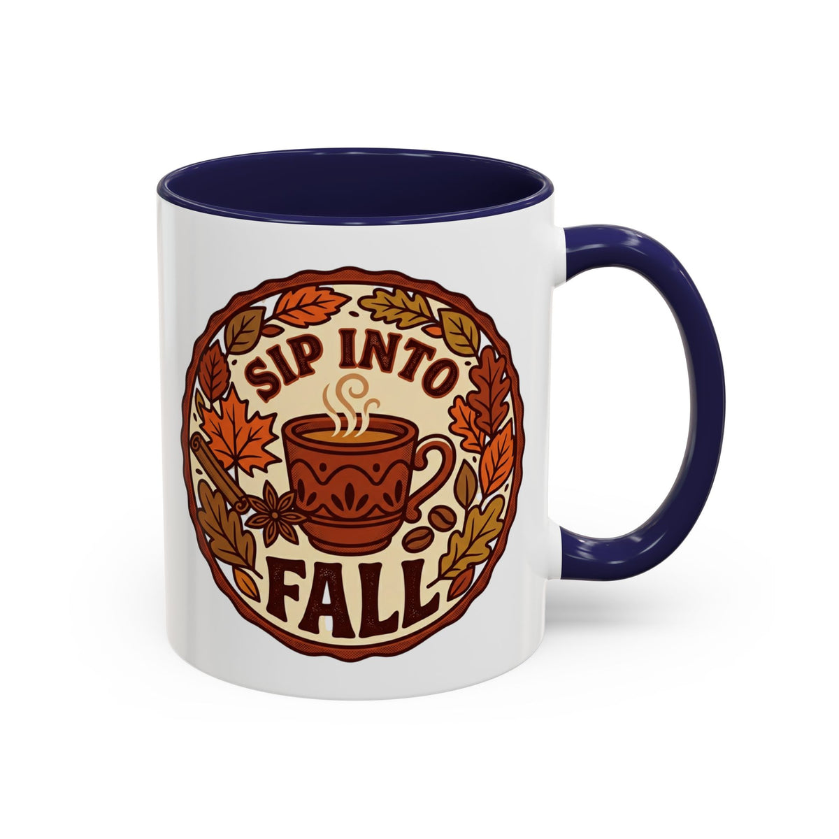 Sip Into Fall Accent Coffee Mug — Autumn Leaves & Hot Cup Design (11/15oz)