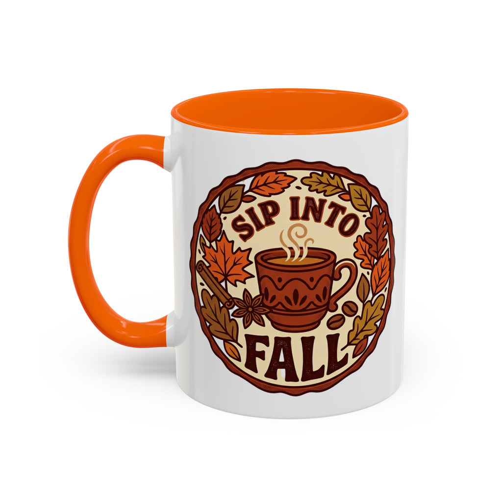 Sip Into Fall Accent Coffee Mug — Autumn Leaves & Hot Cup Design (11/15oz)