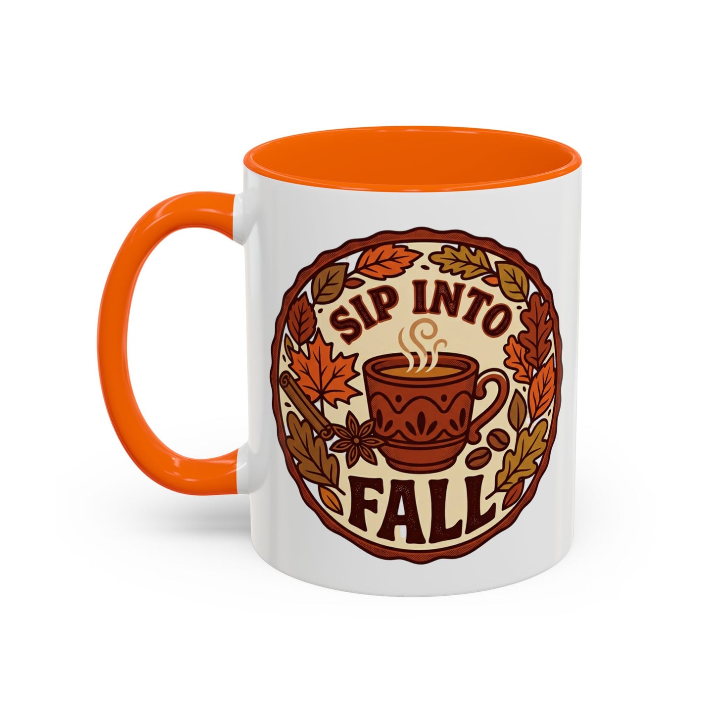 Sip Into Fall Accent Coffee Mug — Autumn Leaves & Hot Cup Design (11/15oz)