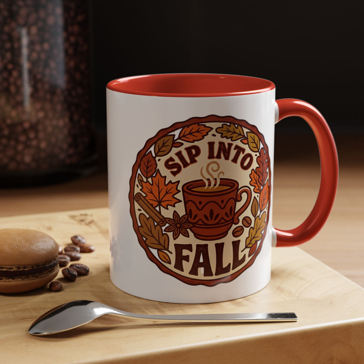Sip Into Fall Accent Coffee Mug — Autumn Leaves & Hot Cup Design (11/15oz)