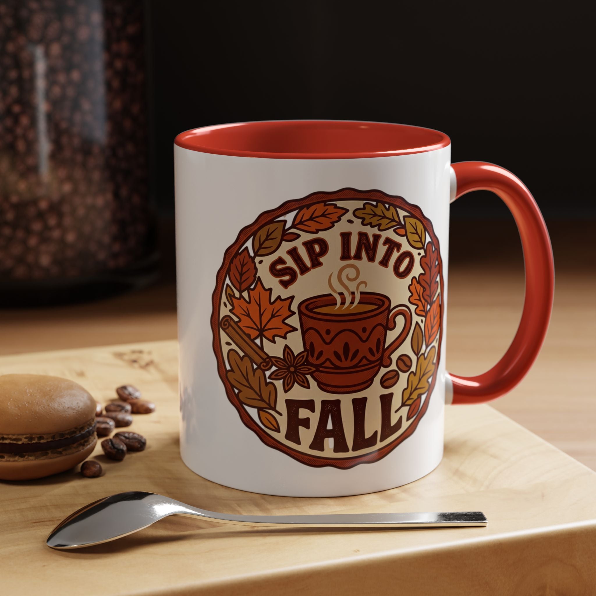Sip Into Fall Accent Coffee Mug — Autumn Leaves & Hot Cup Design (11/15oz)