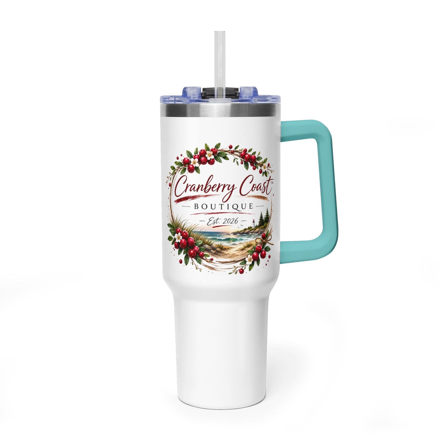 Cranberry Coast 40oz Vacuum Tumbler — Insulated Travel Mug with Handle and Straw