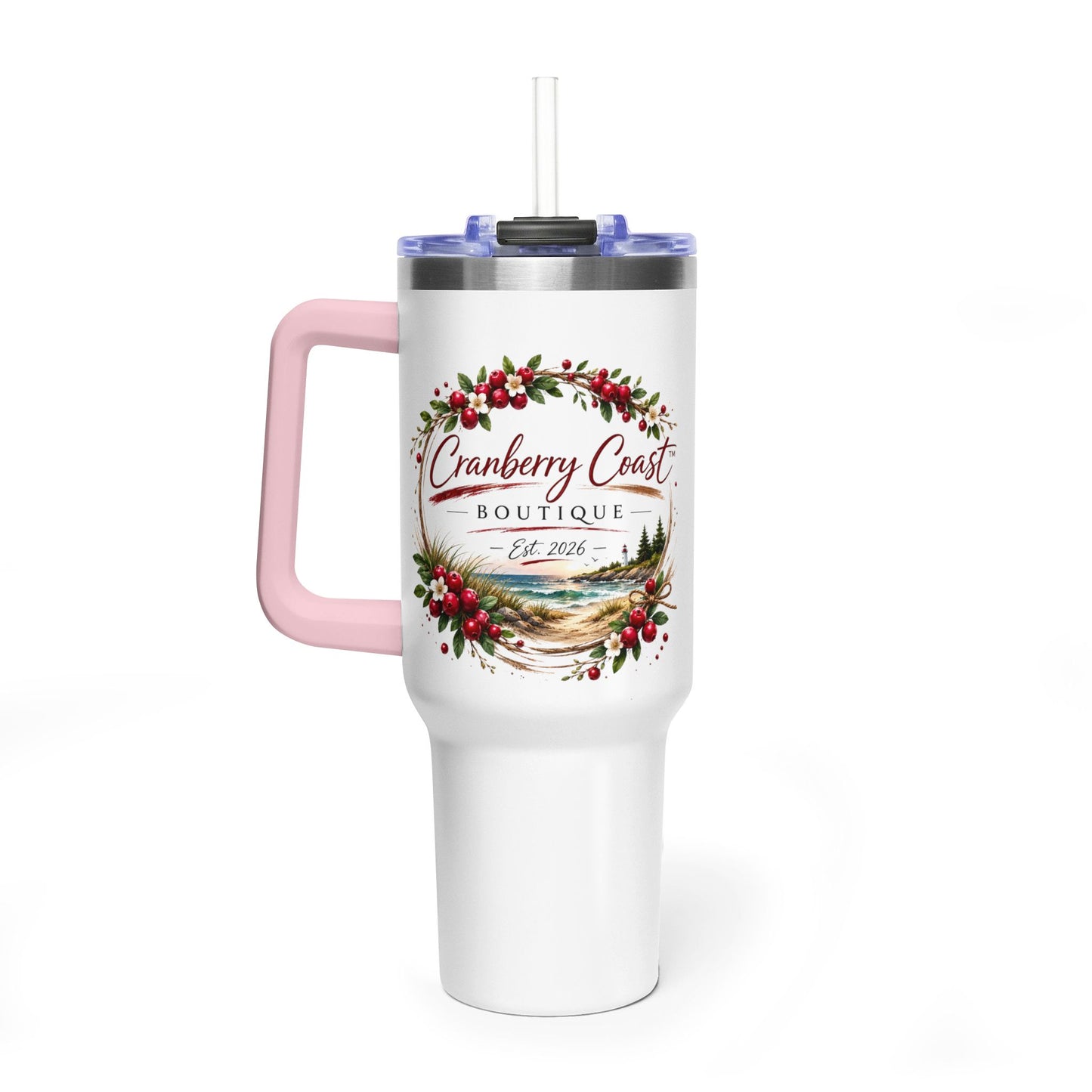 Cranberry Coast 40oz Vacuum Tumbler — Insulated Travel Mug with Handle and Straw