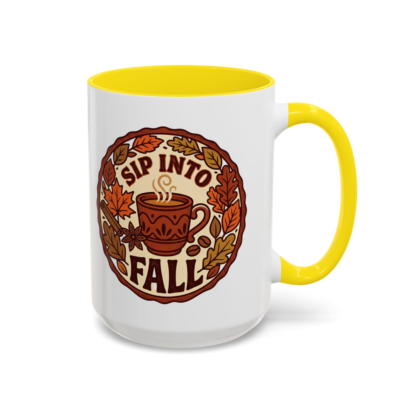 Sip Into Fall Accent Coffee Mug — Autumn Leaves & Hot Cup Design (11/15oz)