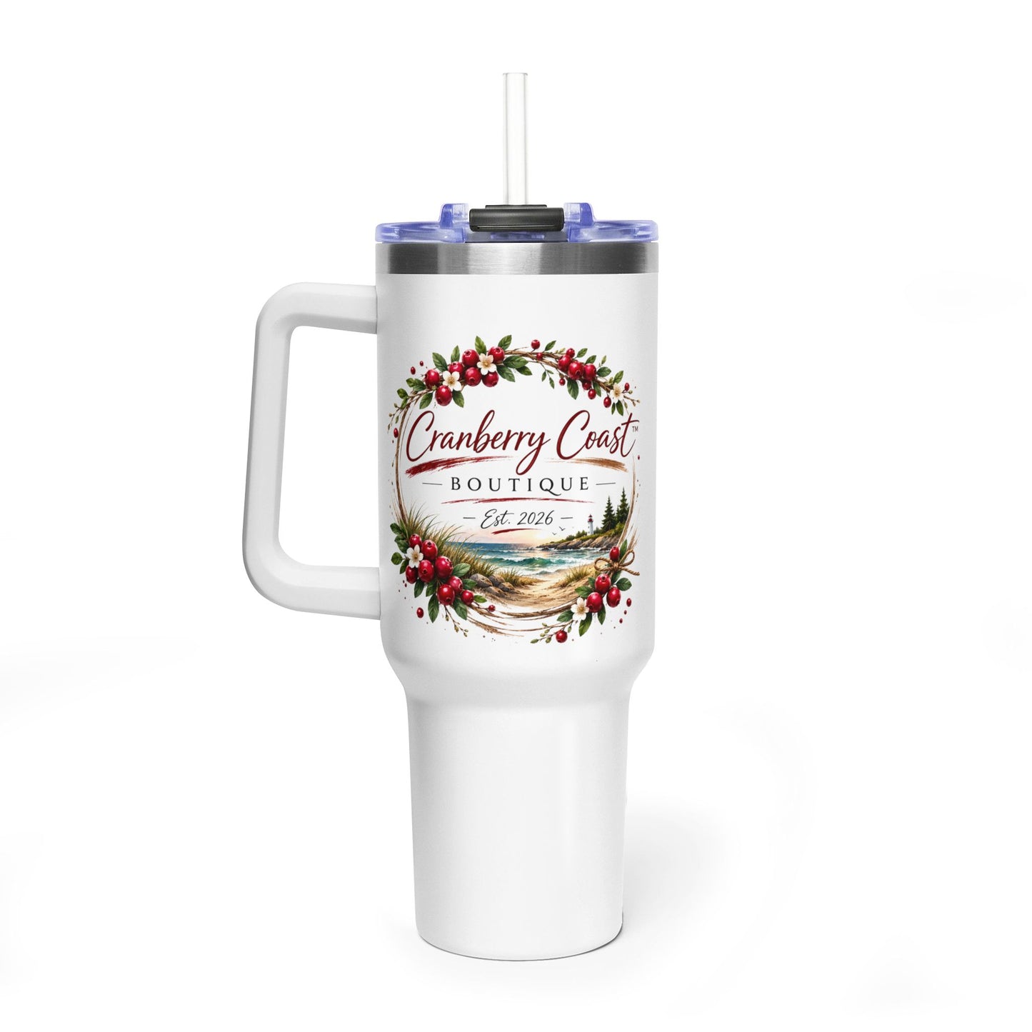 Cranberry Coast 40oz Vacuum Tumbler — Insulated Travel Mug with Handle and Straw