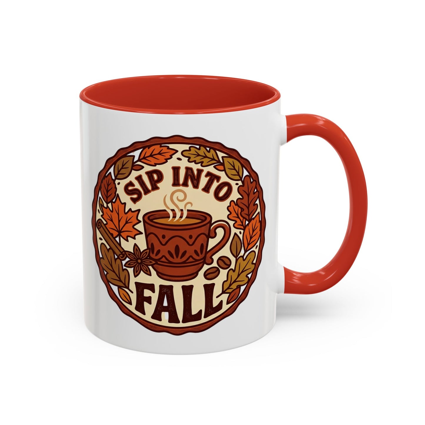 Sip Into Fall Accent Coffee Mug — Autumn Leaves & Hot Cup Design (11/15oz)