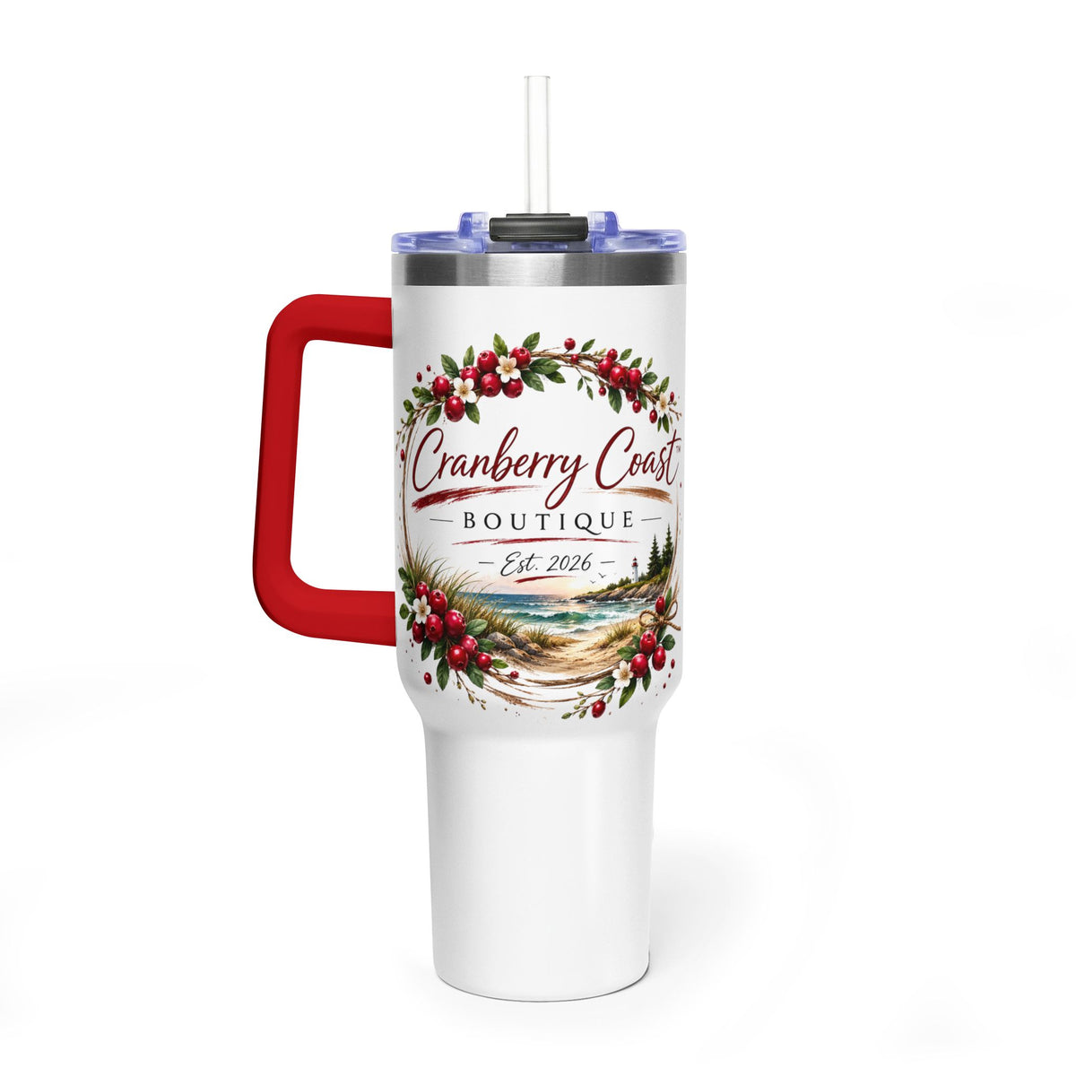 Cranberry Coast 40oz Vacuum Tumbler — Insulated Travel Mug with Handle and Straw
