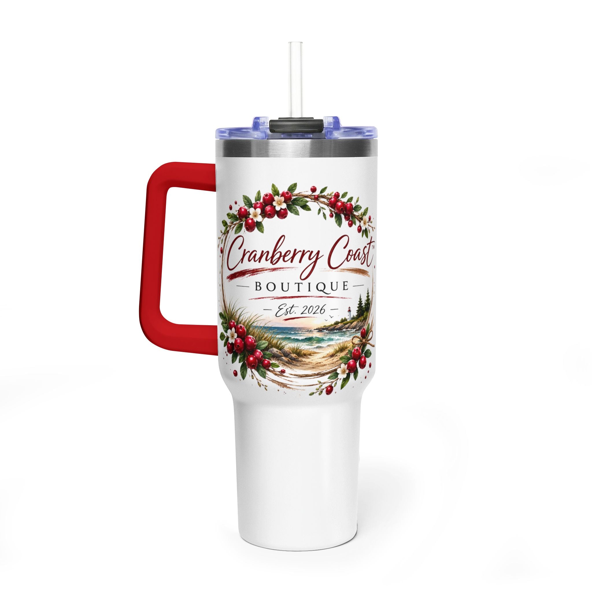 Cranberry Coast 40oz Vacuum Tumbler — Insulated Travel Mug with Handle and Straw