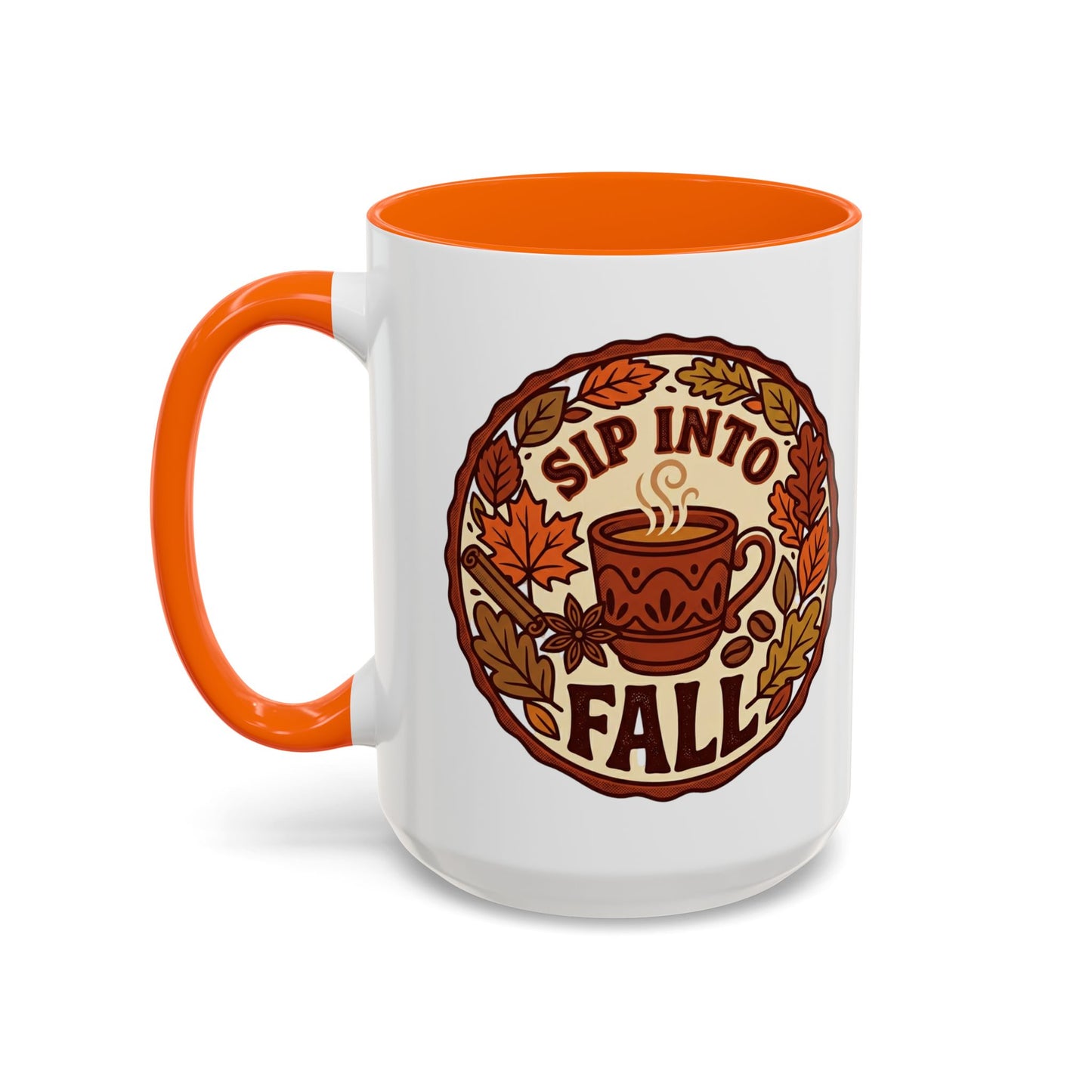 Sip Into Fall Accent Coffee Mug — Autumn Leaves & Hot Cup Design (11/15oz)