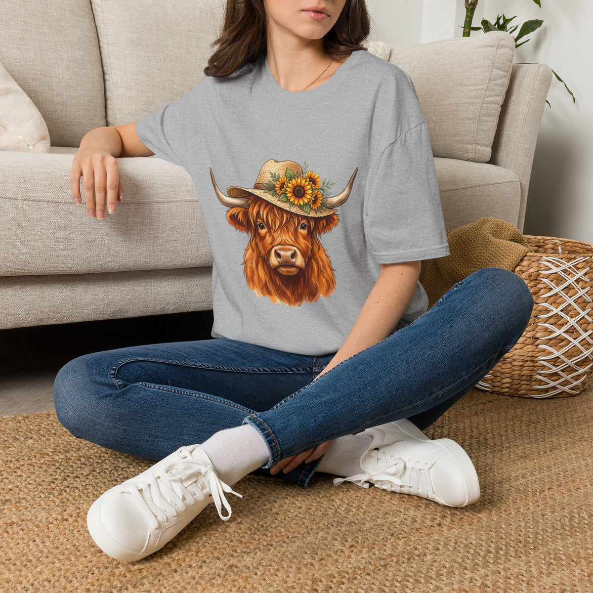 Highland Cow T-Shirt — Sunflower Straw Hat Cow Graphic Tee