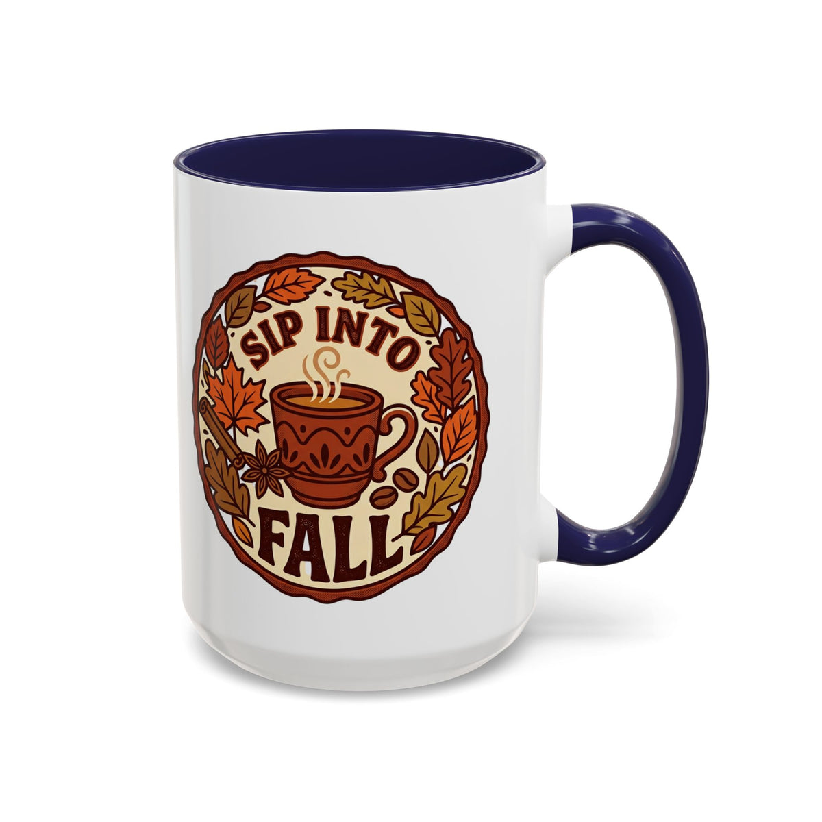 Sip Into Fall Accent Coffee Mug — Autumn Leaves & Hot Cup Design (11/15oz)