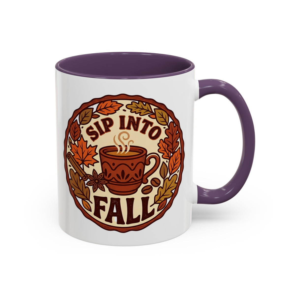 Sip Into Fall Accent Coffee Mug — Autumn Leaves & Hot Cup Design (11/15oz)