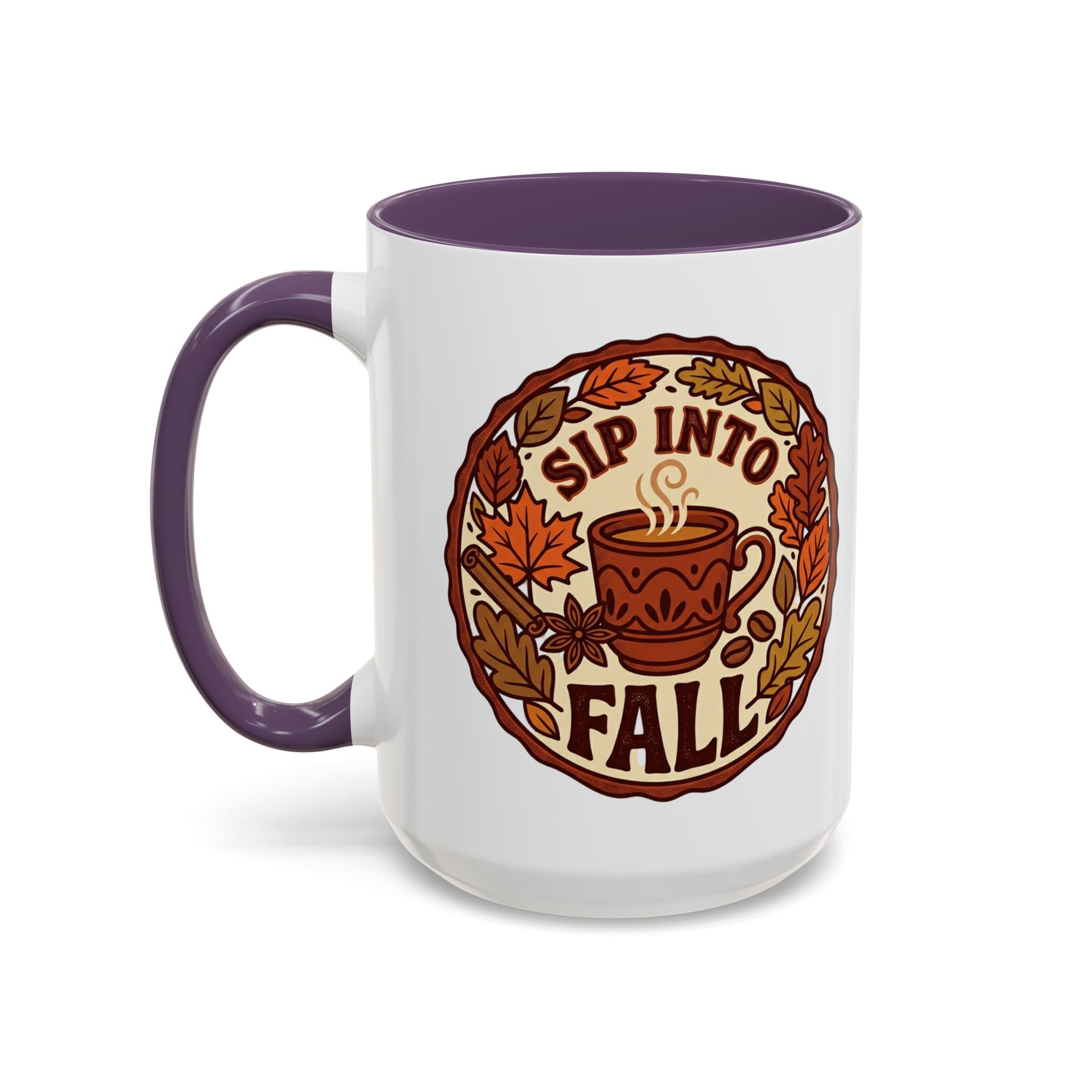 Sip Into Fall Accent Coffee Mug — Autumn Leaves & Hot Cup Design (11/15oz)
